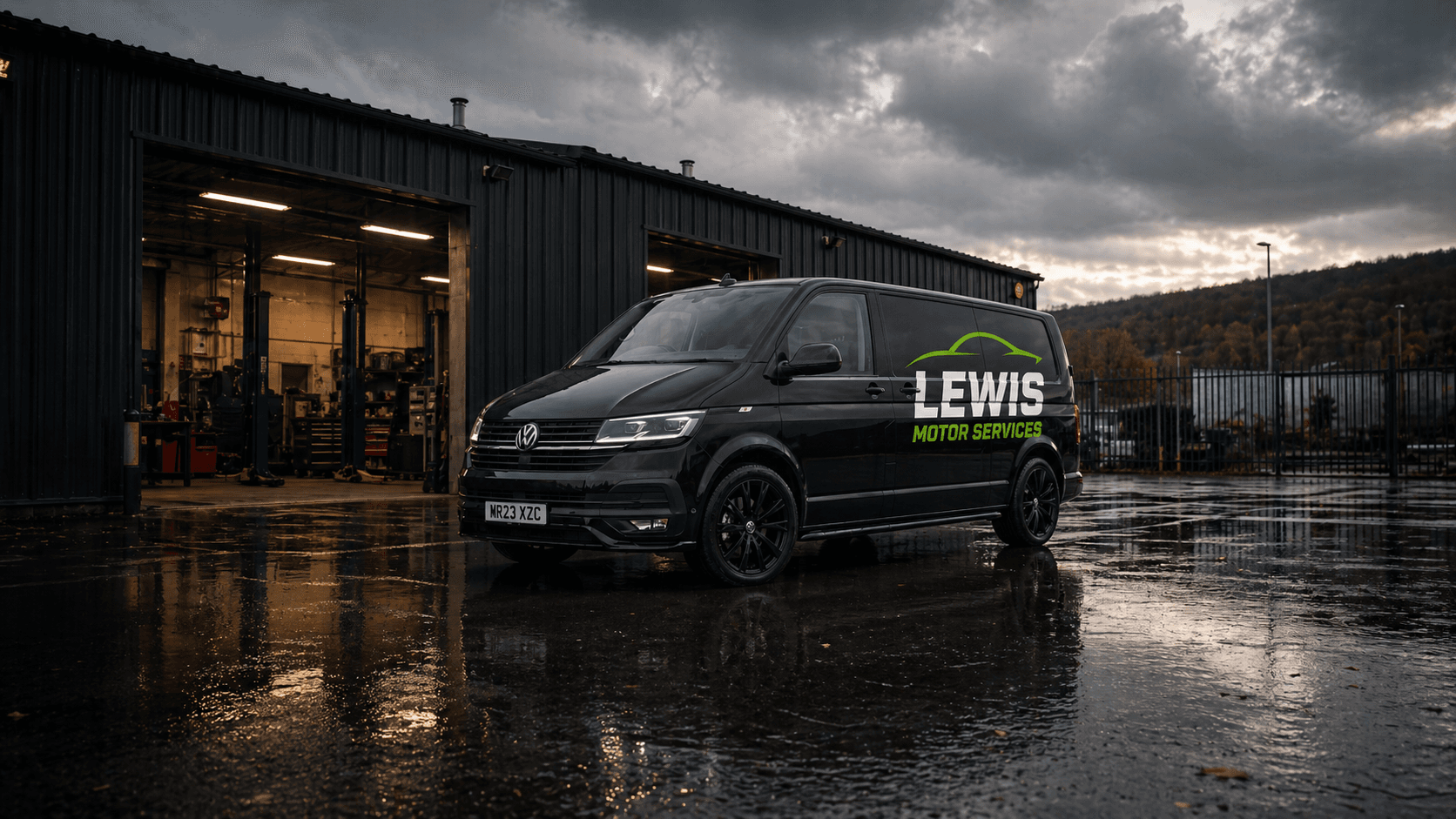 Lewis Motor Services VW Transporter outside the workshop